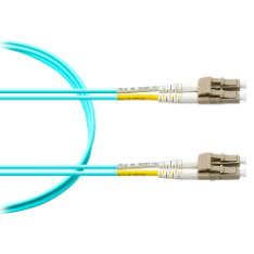 Aqua-colored fiber optic patch cable with two LC connectors on each end, shown coiled with connectors visible.