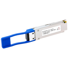 A transceiver module with a blue pull tab, typically used for fiber optic data transmission in network equipment.