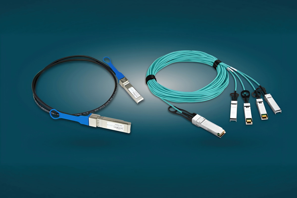Two types of network cables are shown: a direct attach copper cable on the left and an active optical cable with multiple connectors on the right, both on a blue background.
