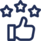 Outlined icon of a hand giving a thumbs up below three stars, representing approval or a positive rating.