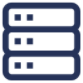 Dark blue icon of a server rack with three stacked horizontal sections, each containing two small squares on the left and a line on the right, on a transparent background.