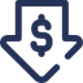 Dark blue icon of a dollar sign inside a downward-pointing arrow, symbolizing a reduction or decrease in cost or price.