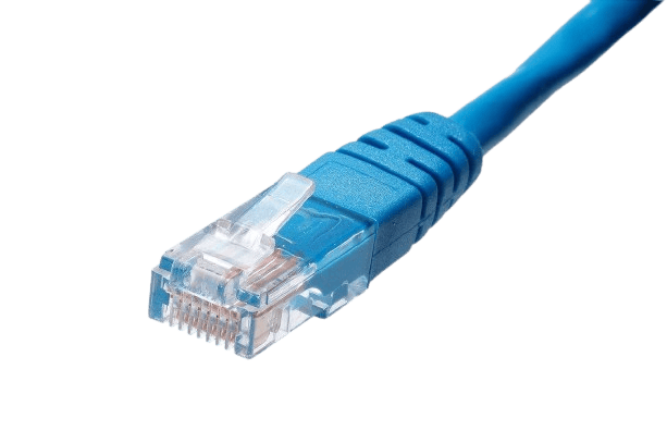 A close-up of a blue Ethernet cable with an RJ45 connector on a transparent background.
